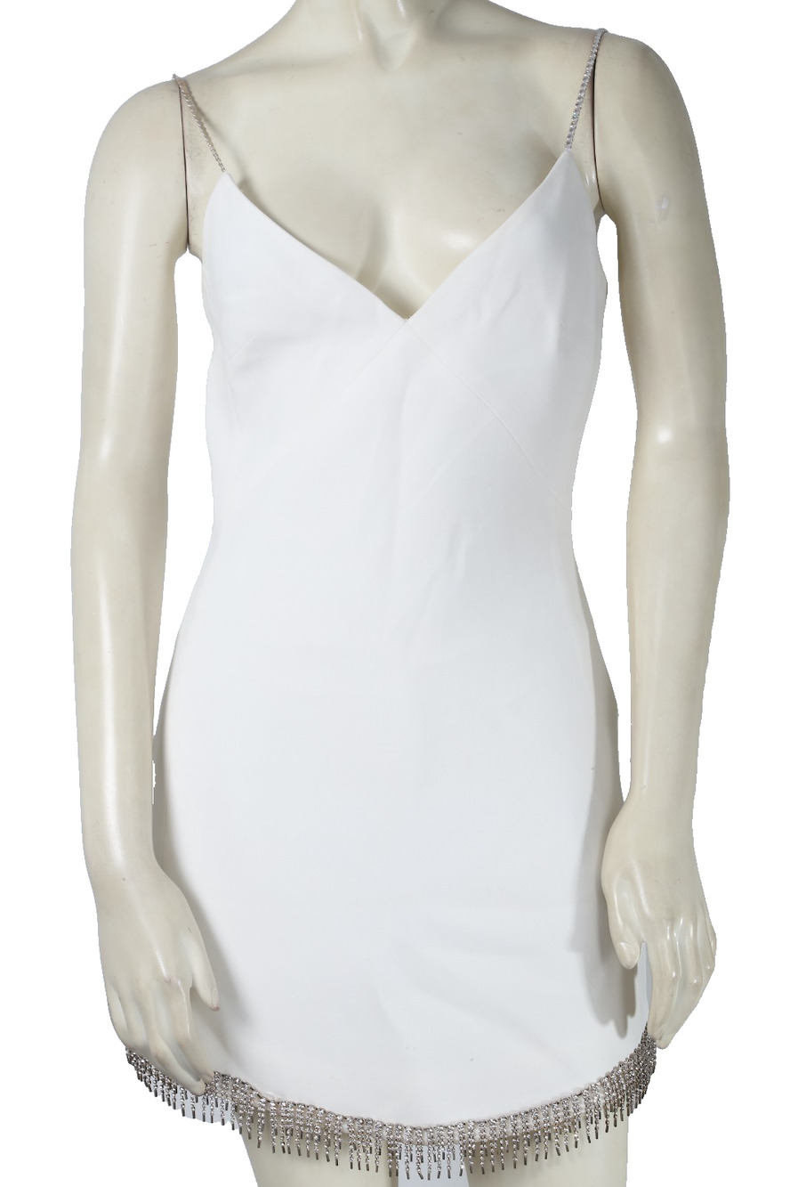David Koma White Cady Crystal Fringe Hem Slip Mini Dress Rhinestone Straps US 4